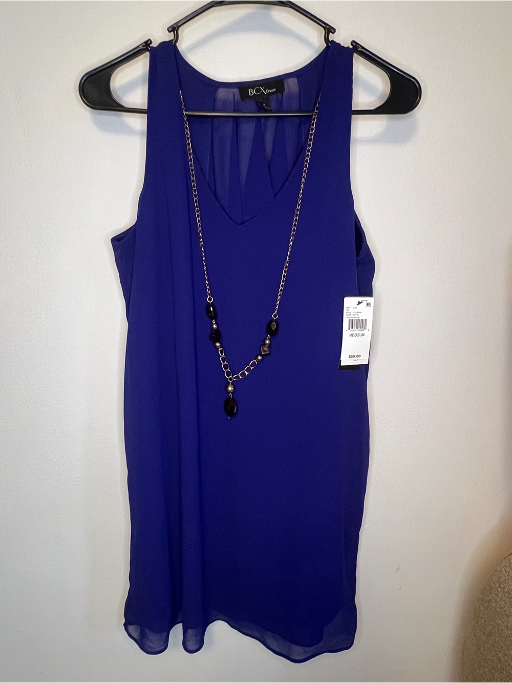 Macy's Royal Blue Sleeveless Chiffon Shift Dress with Removable Chain Necklace